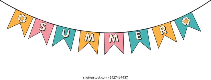 Cute hello summer garland sticker in y2k groovy style. Trendy retro cartoon style. 70s 60s aesthetics trendy retro psychedelic cartoon style