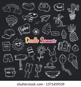 Cute hello summer illustration with doodle style on black background