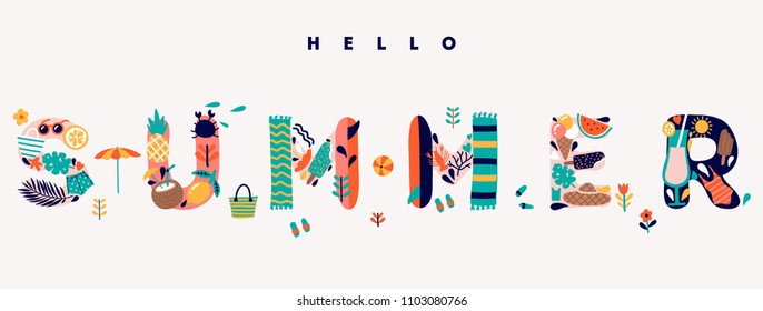 Cute hello summer lettering illustration.