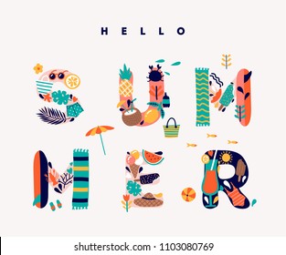 Cute hello summer lettering illustration.