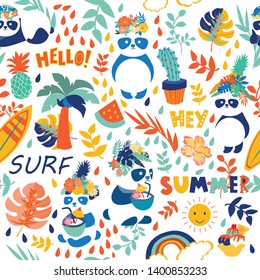 cute hello summer panda seamless pattern