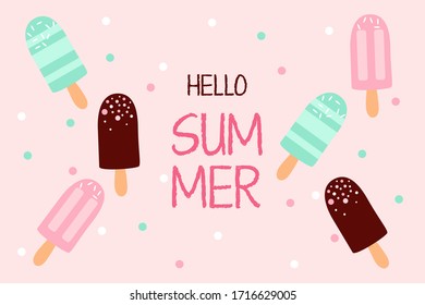 Cute Hello Summer pink template for card, post, banner design with ice-cream.