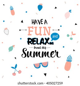 Cute Hello Summer Poster with Trendy Holiday Elements and Stylish Typographic. Scandinavian Style. Vector. White Background. Good for Greeting Cards, Gift Tags, Stickers, Placards and Labels Templates