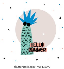 Cute Hello Summer Poster with Trendy Holiday Elements and Stylish Typographic. Scandinavian Style. Vector. White Background. Good for Greeting Cards, Gift Tags, Stickers, Placards and Labels Templates