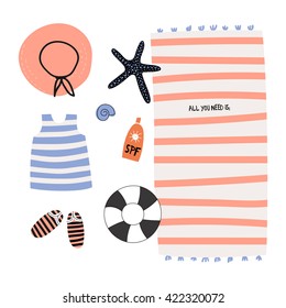 Cute Hello Summer Poster with Trendy Holidays Elements. Scandinavian Style. Vector. White Background. Good for Greeting Cards, Gift Tags, Stickers, Placards and Labels Templates.