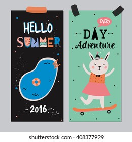 Cute Hello Summer Posters with Trendy Holidays Elements and Typographic. Scandinavian Style. Vector. Good for Card, Gift Tag, Sticker, Placard, Label.
