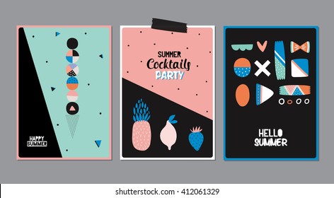 Cute Hello Summer Posters with Trendy Holiday Elements and Typographic. Scandinavian Style. Vector. Isolated. Good for Greeting Cards, Gift Tags, Stickers, Placards and Labels Templates.