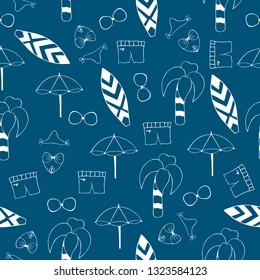 Cute hello summer seamless pattern in outline. Surf, parasol, palm tree. Beach party vector background.