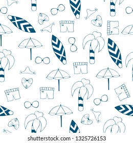 Cute hello summer seamless pattern in outline. Surf, parasol, palm tree texture. Beach party vector background.