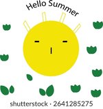  Cute Hello Summer Sun Illustration ,  Adorable smiling sun illustration with tulip flower accents and “Hello Summer” text. Great for seasonal designs, greeting cards, and summer promos.