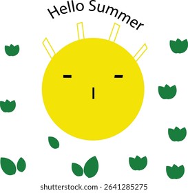  Cute Hello Summer Sun Illustration ,  Adorable smiling sun illustration with tulip flower accents and “Hello Summer” text. Great for seasonal designs, greeting cards, and summer promos.