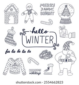 Cute Hello Winter and Xmas set of outline doodle. New Year and Yule hand drawn collection of snowy farmhouse, Santa Claus, jumper, racing skates. Christmas decorations isolated on background.