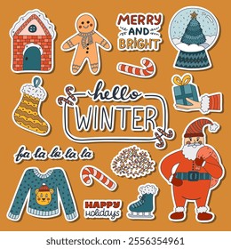 Cute Hello Winter and Xmas sticker set for planners, notebooks with colorful outline doodle. Ready for print list of New Year and Noel hand drawn stickers with Christmas decorations and characters.