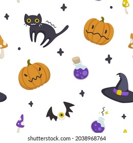 Cute helloween magic pattern. Seamless texture for textile, fabric, apparel, wrapping, paper, stationery.