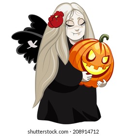 Cute helloween vampire girl cartoon character holding pumpkin