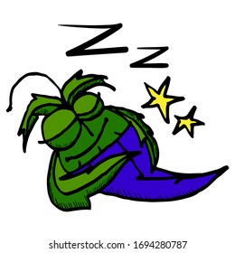 Cáñamo picante durmiendo bajo una manta. Ilustración vectorial de una marihuana relajada. El cannabis cansado se restaura en la cama. Sticker para impresión, libros para niños y diseño.