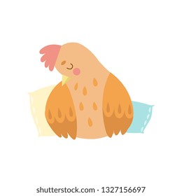 Cute Hen Bird Sleeping on Pillows Vector Illustration