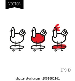 Cute hen cartoon character on skateboard. Logo t-shirt print vector illustration.