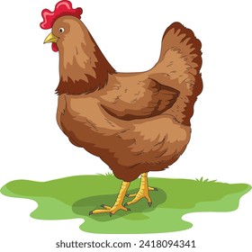 Caricatura de gallina en un campo de hierba