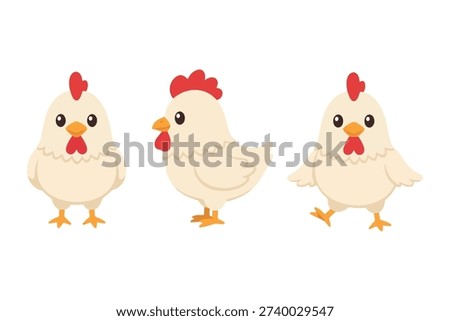 Cute Hen Character Set with Various Poses, Kawaii White Chicken Vector Illustration, Adorable Farm Bird Mascot for Kids and Education