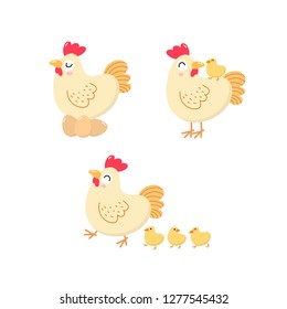 Cute hen and chick. Chicken and baby. Animal cartoon character set. Vector in flat style.