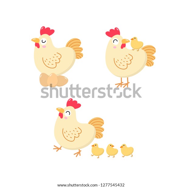 可愛い鶏と雛 鶏と赤ちゃん 動物のカートーンキャラクタセット フラットスタイルのベクター画像 のベクター画像素材 ロイヤリティフリー