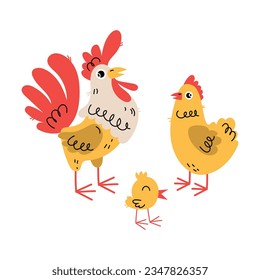 Cute Hen, Chick and Cockerel as Farm Animal Vector Illustration