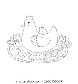 Cute Hen and chick coloring book. Easter day. Vector illustration. Hand drawn.