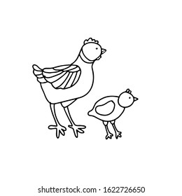 A cute hen and a chick in doodle style. Isolated outline. Hand drawn vector illustration in black ink on white background. Single picture for coloring books and logo design.