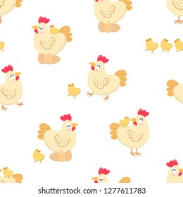 Cute hen and chick seamless pattern. Chicken and baby background. Animal cartoon character. Vector