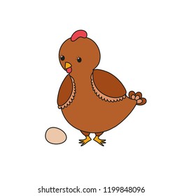 Cute hen chicken cartoon character. Brown chick with egg. Outline vector illustration. Funny farm domestic animal bird. Kawaii style. Kids educational game, app, logo, coloring book, animation, etc.