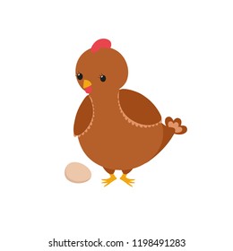 Cute hen chicken character. Little brown chick with egg. Flat cartoon vector illustration funny animal. Kawaii style. Farm domestic bird. For kids educational game, app, logo, book, animation, etc.