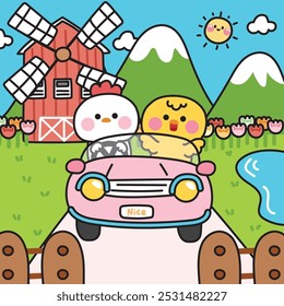 Galinha bonito e unidade de frango no carro fazenda background.Vehicle.Mountain,flower,sun,natureza mão desenhada.Bird personagem animal cartoon.Kawaii.Vetor.Illustration.