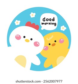 Cute hen and chicken say good morning with flower background picture screen on brooch pin.Farm bird animal character cartoon design.Kawaii.Vector.Illustration.