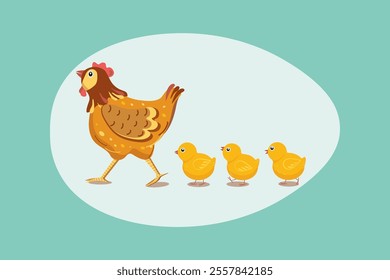 Cute Hen, chickens and egg. Banner, frame. Poultry, farm. Family, pets. Flat illustration, colored background, isolated.