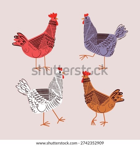 Cute hen, chickens illustration hand drawn vector Poultry farm animals clip art. Isolated on background.