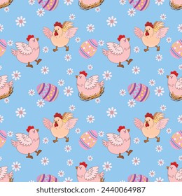 Cute hen and cock with Easter egg and flowers pattern.