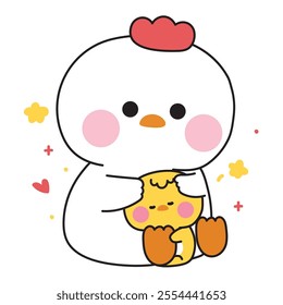 Cute hen doll hug tiny chicken with heart and star.Farm bird animal character cartoon design.Image for sticker,baby clothing,stationary.Kawaii.Vector.Illustration.