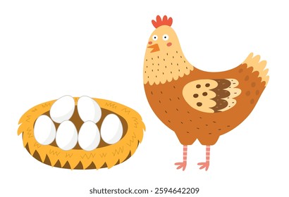 Cute hen and eggs in the nest isolated on white background. Poultry breeding clipart in cartoon style. Great for farm and agriculture design. Vector illustration