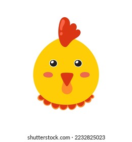 Cute hen face in cartoon style. Farm chicken character head for baby and kids design. Funny smiling animal print. Vector illustration