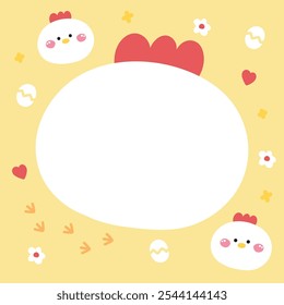 Cabeza linda de la cara de la gallina en la nota de papel. Plantilla estacionaria. Huevo, flor, corazón, huella de pollo. Diseño de dibujos animados de personajes de aves de granja. Imagen para tarjeta, pegatina, hoja de papel. Kawaii. Vector. Ilustración.