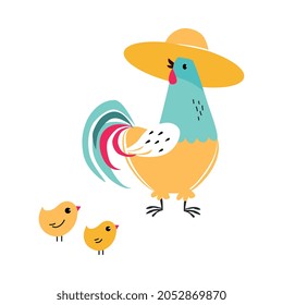 Cute Hen as Farm Bird on Ranch Wearing Straw Hat and Walking with Little Chickens Vector Illustration