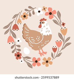 Cute hen in floral wreath. Hand drawn vector chicken illustration. Perfect for tee shirt logo, greeting card, poster, invitation or print design. EPS10 vector file.