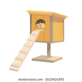 Cute hen house, nest and eggs. Cartoon vector illustration isolated on white.
