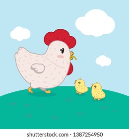 Cute hen and kids, little chicks wait for worm from mother.
