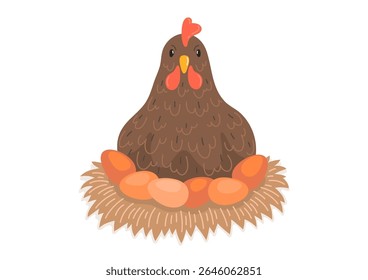 Cute hen on the nest with eggs.