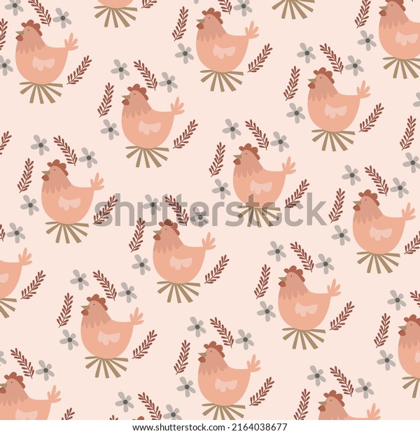 cute hen pattern. Country style wallpaper home decor swatch. Farm animal textile all over print
