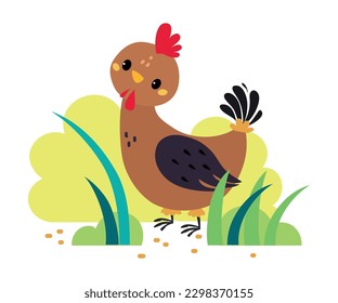 Gallina picando grano en la hierba. Ave de aves de corral en la ilustración vectorial de dibujos animados naturales
