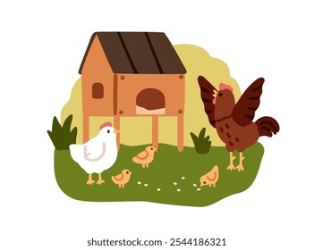 Linda familia de gallinas y gallos con cría de pollo. Pollito y gallo picoteando granos en el gallinero en el país. Aves de corral, aves de corral, aves de corral. Ilustración vectorial plana rural aislada sobre fondo blanco