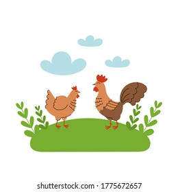 Cute hen and rooster stands in the meadow. Cartoon farm animals, agriculture, rustic. Simple vector flat illustration on white background with blue clouds and green grass.
